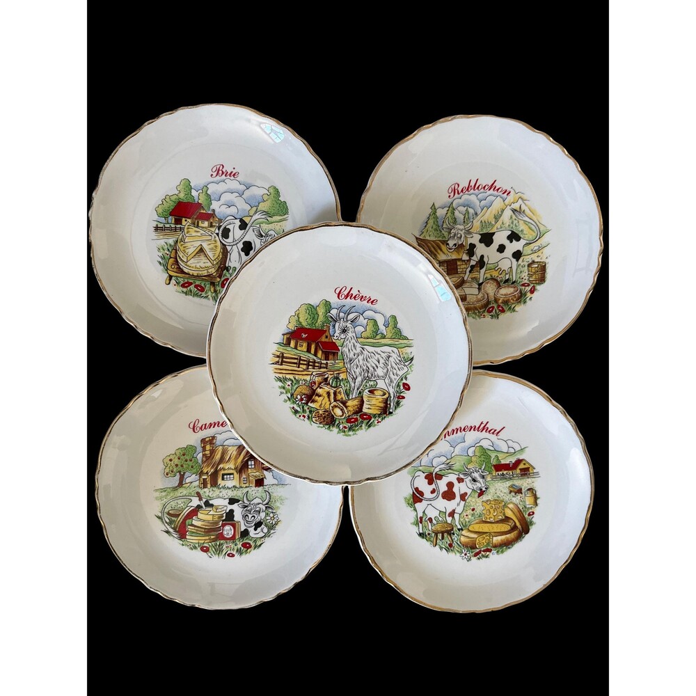 Moulin des Loups Cheese Plates, 5, Illustrated, 1950s, French Country Home Decor